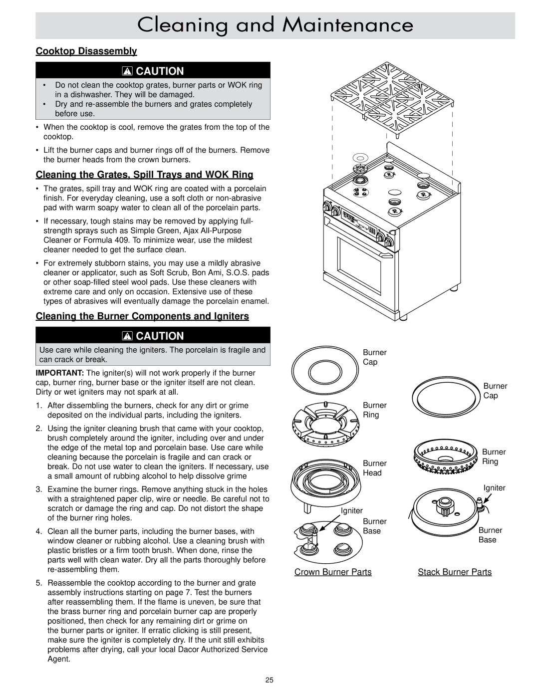 Dacor ER30DSR, ER30D-C important safety instructions Cooktop Disassembly, Cleaning the Grates, Spill Trays and WOK Ring 