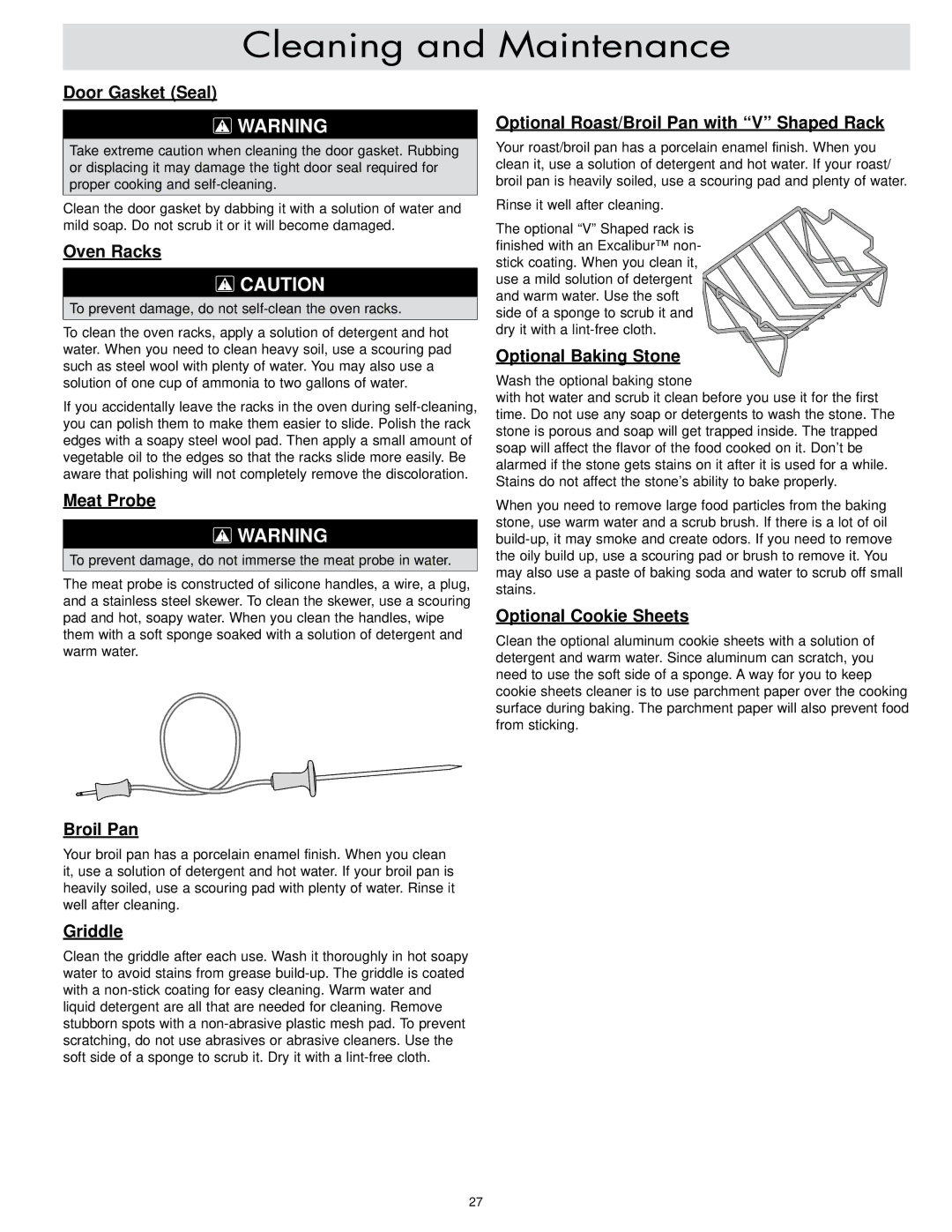 Dacor ER30D Door Gasket Seal, Oven Racks, Meat Probe, Optional Roast/Broil Pan with V Shaped Rack, Optional Baking Stone 