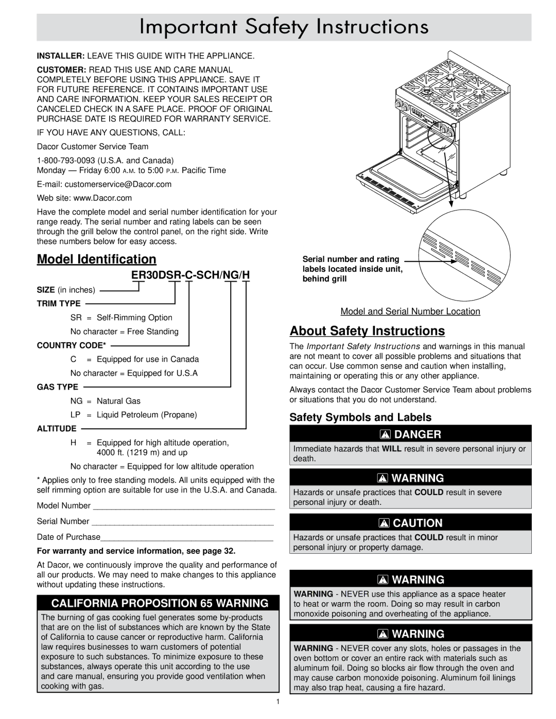 Dacor ER30DSR, ER30D-C Important Safety Instructions, Model Identification, About Safety Instructions 