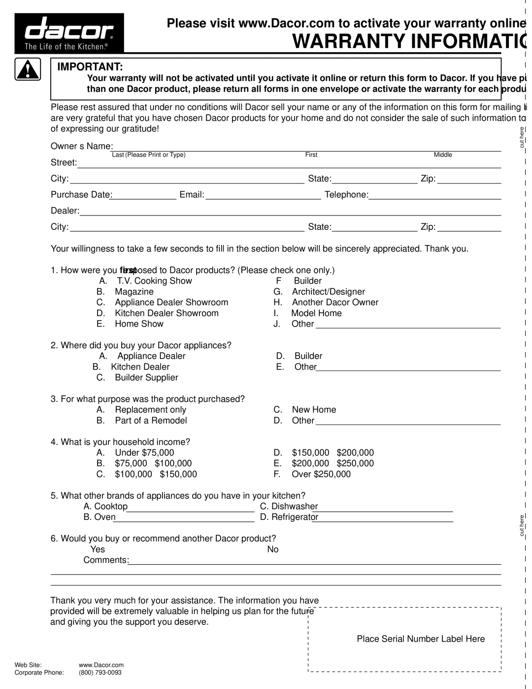 Dacor ER30DSR, ER30D-C important safety instructions Warranty Information 