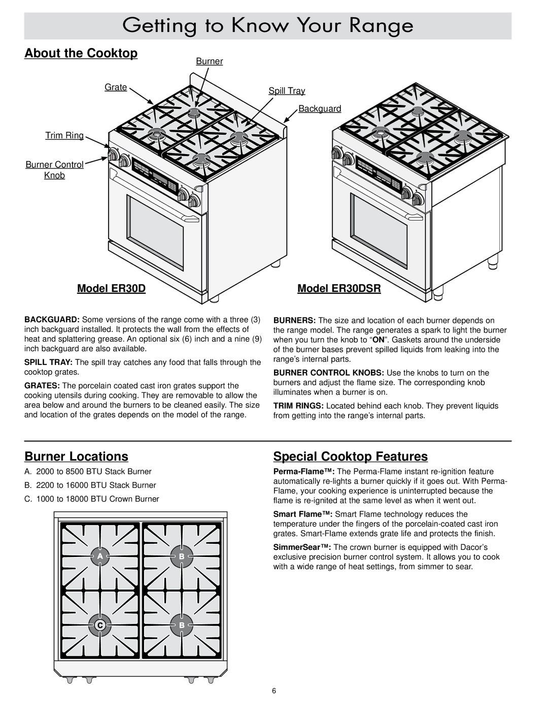 Dacor ER30DSR, ER30D-C important safety instructions About the Cooktop, Burner Locations, Special Cooktop Features 