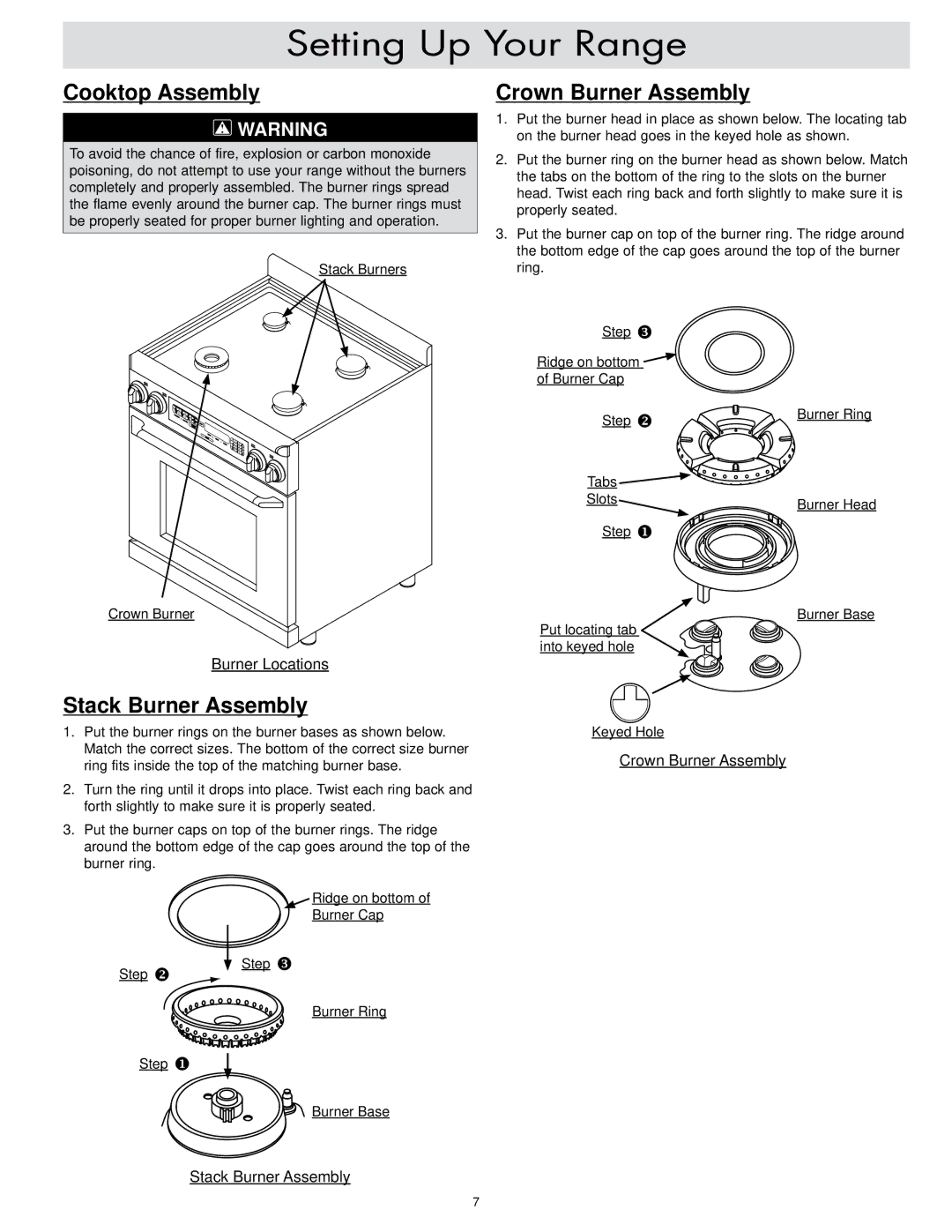 Dacor ER30DSR, ER30D-C Setting Up Your Range, Cooktop Assembly, Stack Burner Assembly, Crown Burner Assembly 