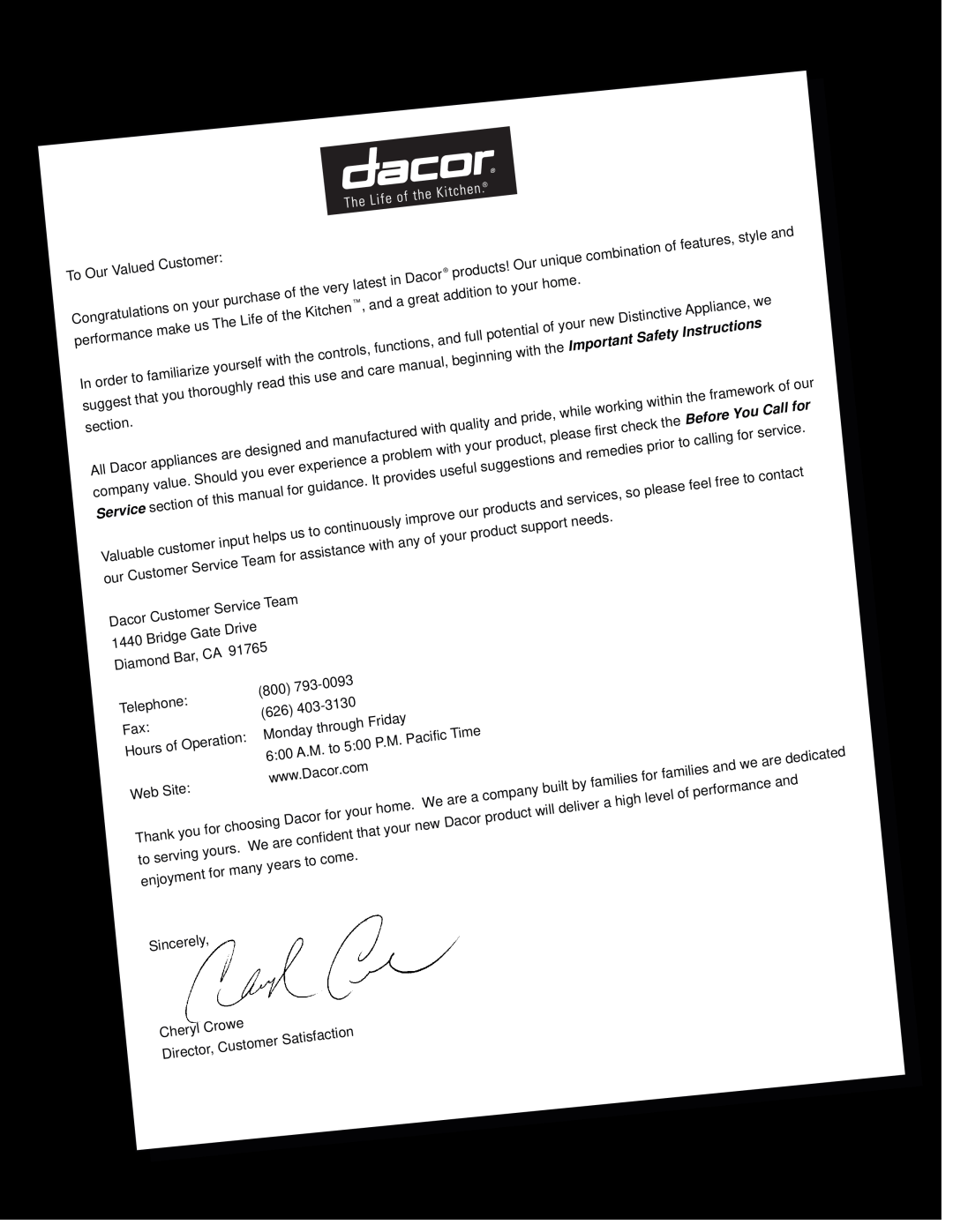 Dacor ER30DSR, ER30D-C Safety, Instructions, the Important, You Call for, the Before, Service 