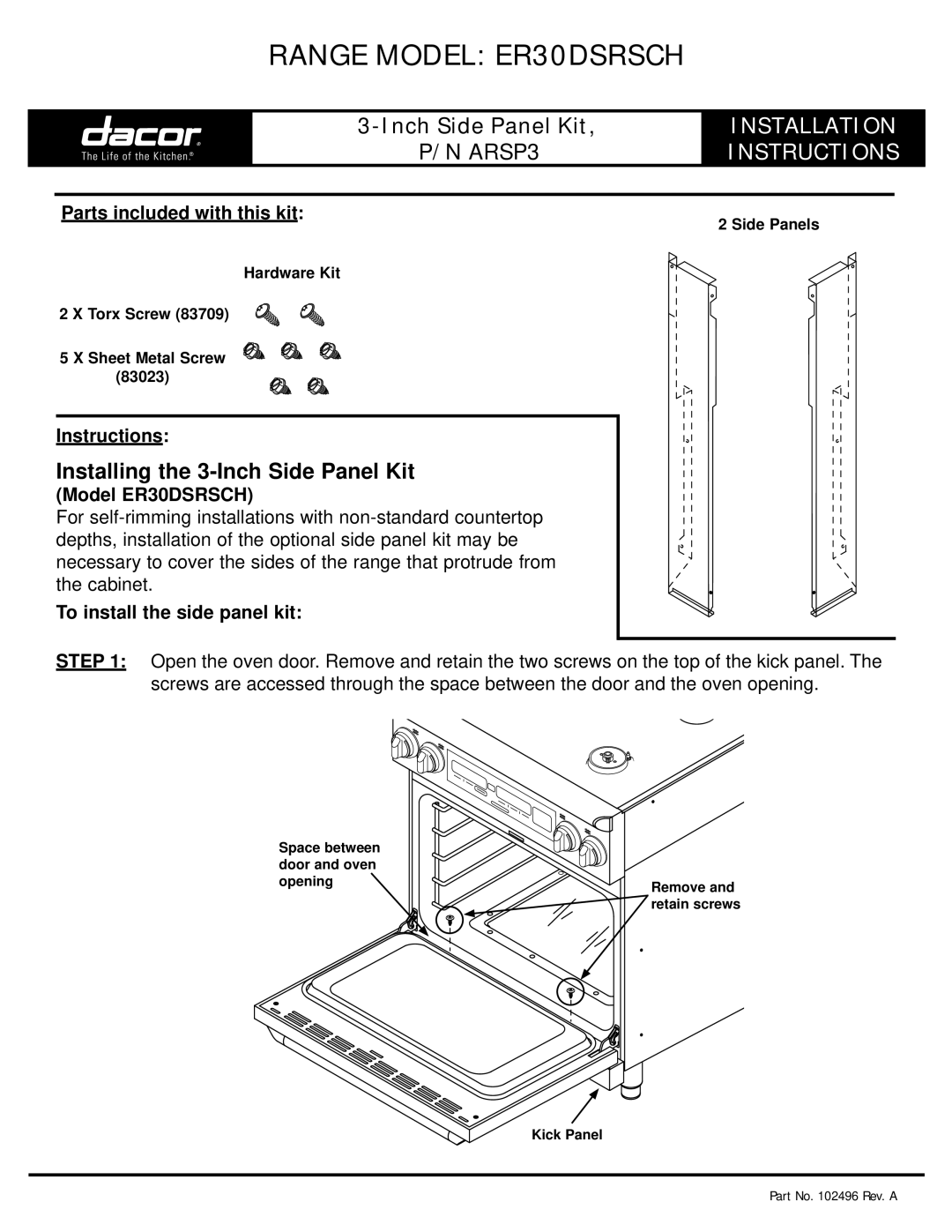 Dacor installation instructions Range Model ER30DSRSCH 