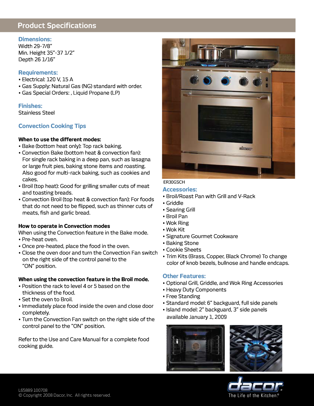 Dacor ER30GSCH manual Product Specifications, Dimensions, Requirements, Finishes, Convection Cooking Tips, Accessories 