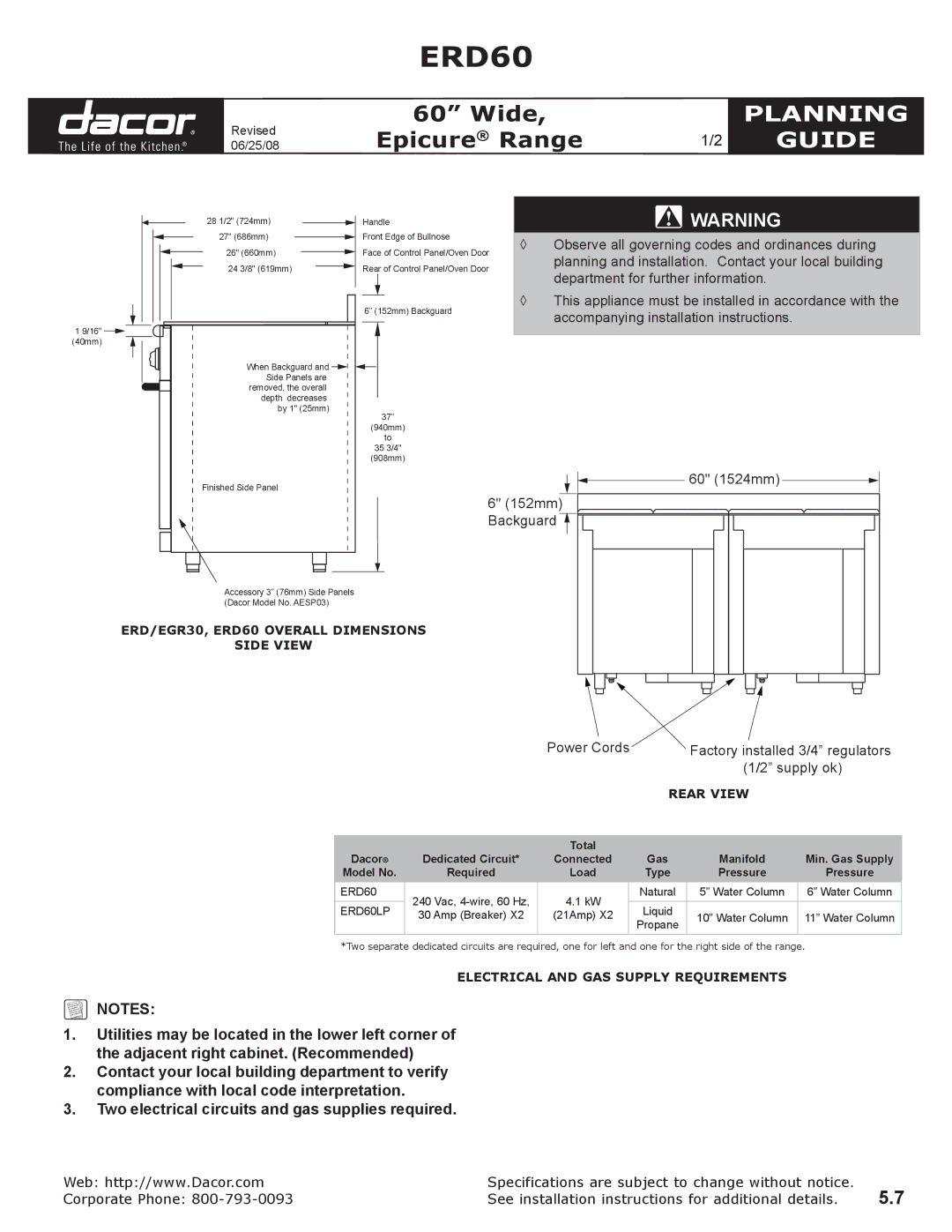 Dacor AESP03 dimensions 60 1524mm 152mm Backguard, Power Cords Factory installed 3/4 regulators Supply ok, Rear view 