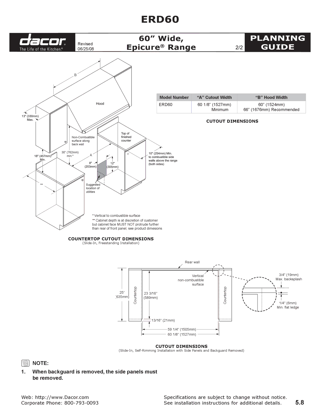 Dacor ERD30, AESP03, ERD60LP Cutout Dimensions, Countertop cutout dimensions, Vertical to combustible surface 