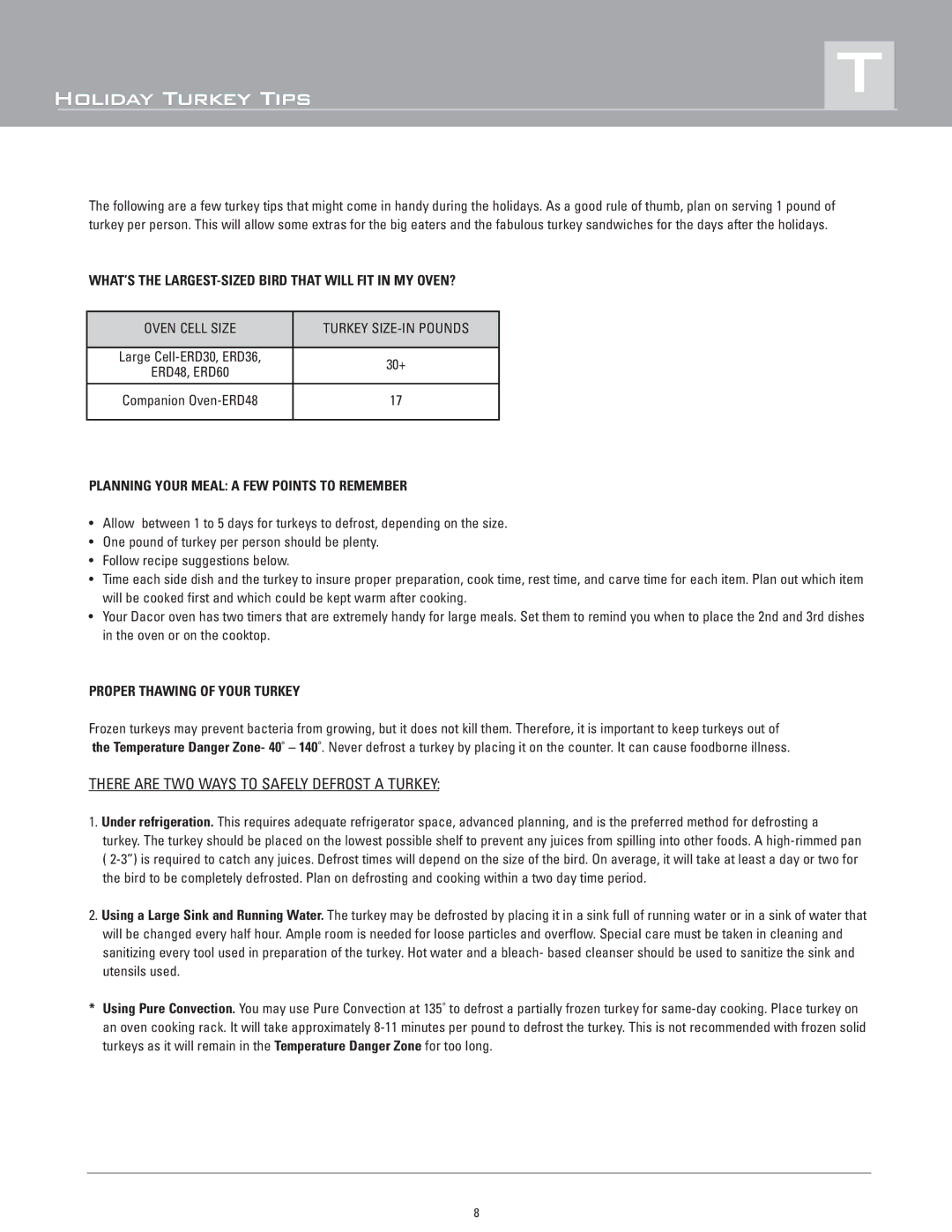 Dacor ERD36, ERD30, ERD48, ERD60 manual Holiday Turkey Tips, There are TWO Ways to Safely Defrost a Turkey 