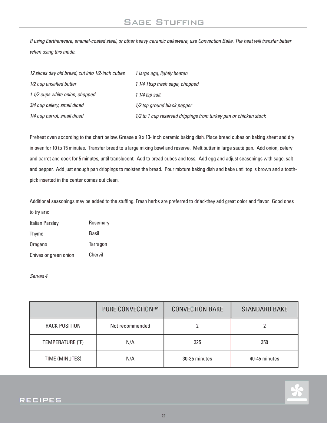 Dacor ERD48, ERD36, ERD30, ERD60 manual Sage Stuffing 