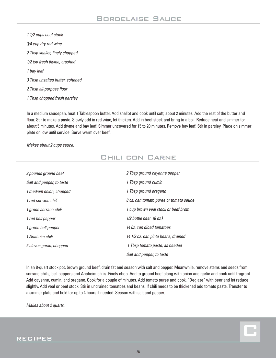 Dacor ERD36, ERD30, ERD48, ERD60 manual Bordelaise Sauce, Chili con Carne 