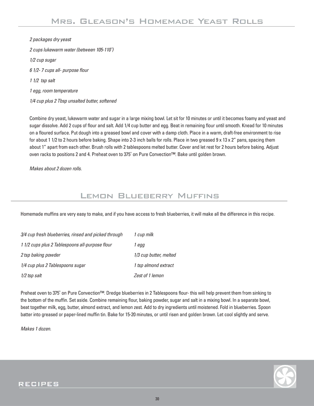 Dacor ERD48, ERD36, ERD30, ERD60 manual Mrs. Gleason’s Homemade Yeast Rolls, Lemon Blueberry Muffins 