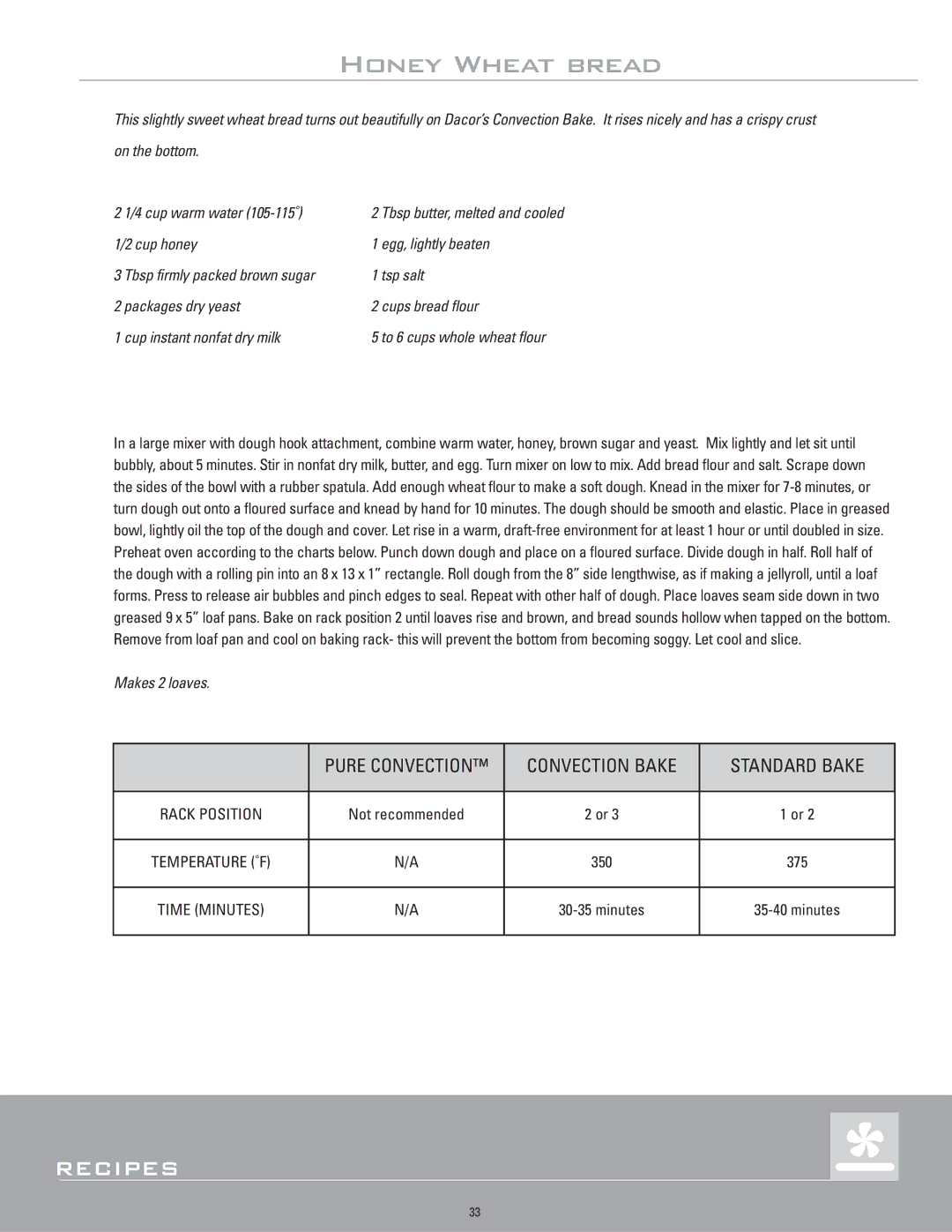 Dacor ERD30, ERD36, ERD48, ERD60 manual Honey Wheat bread, To 6 cups whole wheat flour 