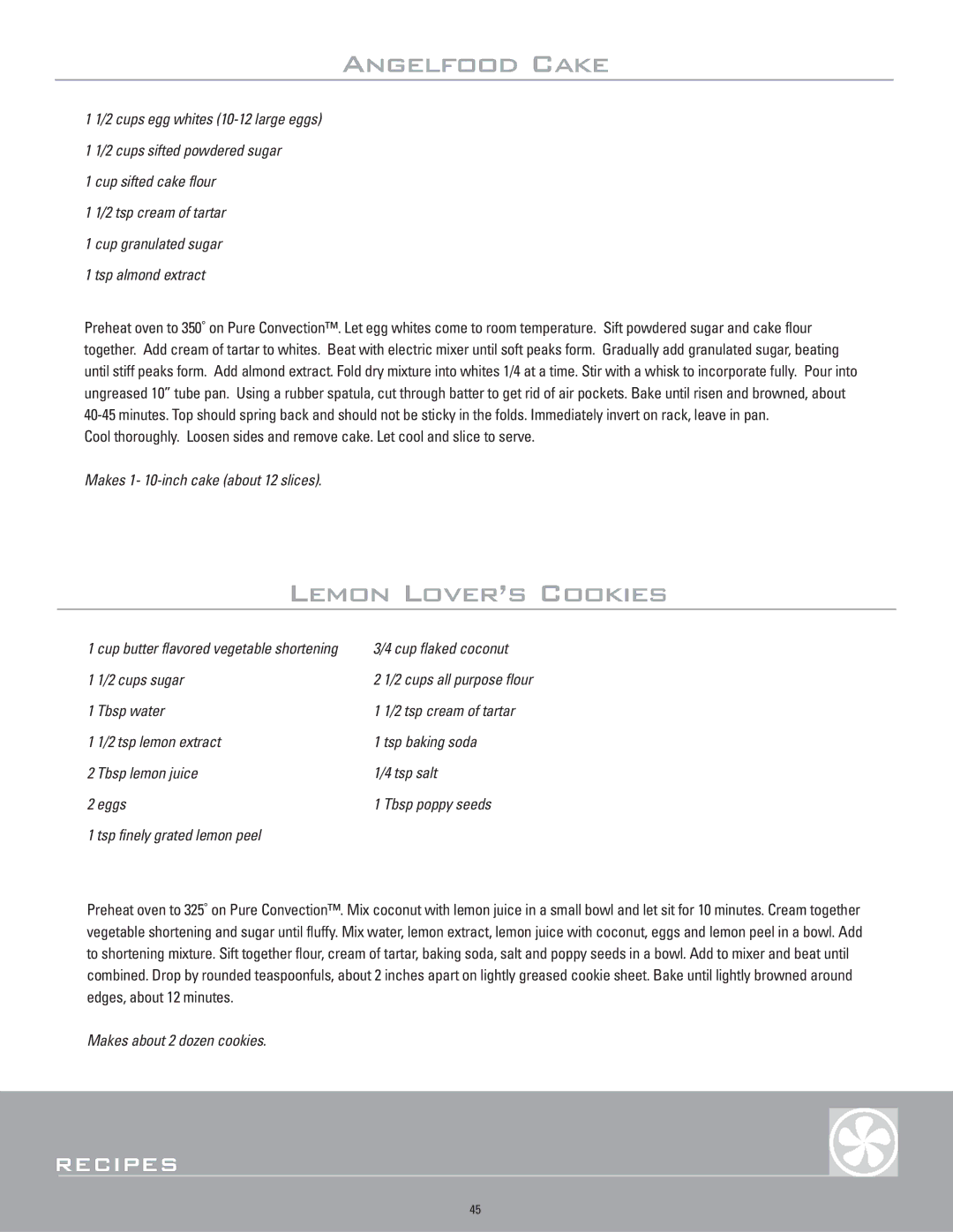 Dacor ERD30, ERD36, ERD48, ERD60 manual Angelfood Cake, Lemon Lover’s Cookies 