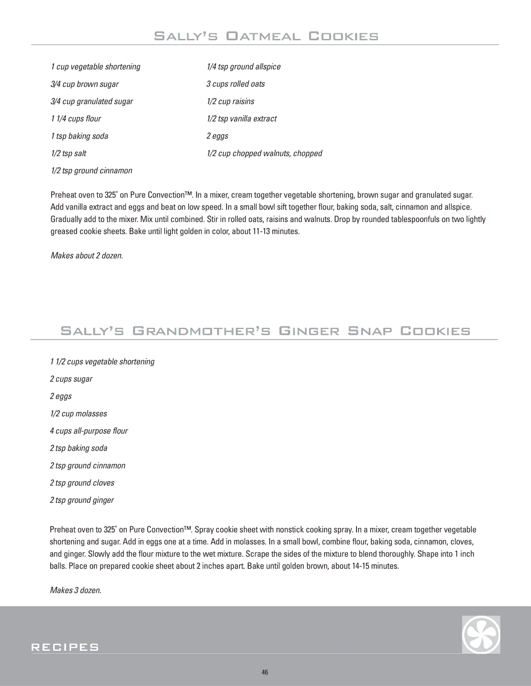 Dacor ERD48, ERD36, ERD30, ERD60 manual Sally’s Oatmeal Cookies, Sally’s Grandmother’s Ginger Snap Cookies 