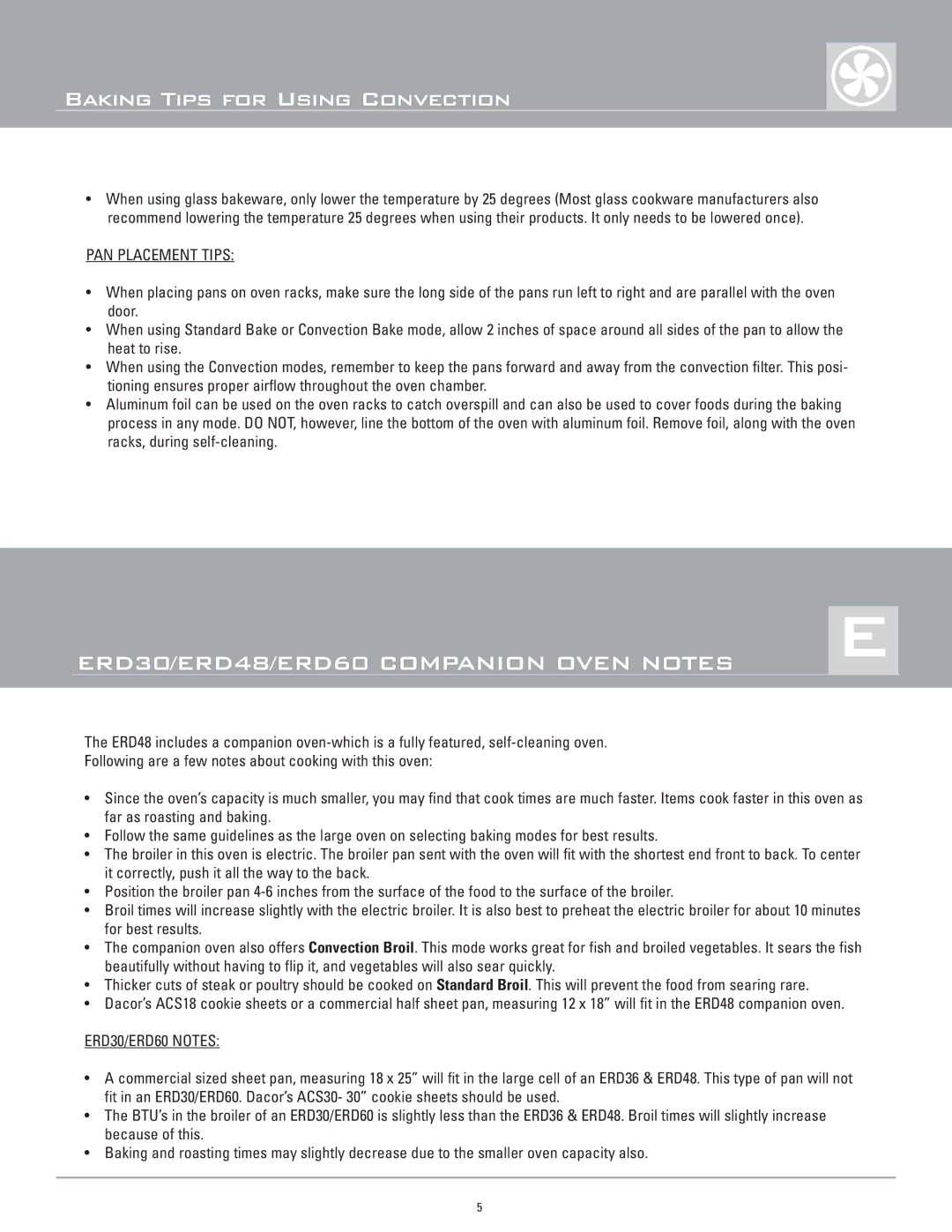 Dacor ERD36, ERD48 manual PAN Placement Tips, ERD30/ERD60 Notes 