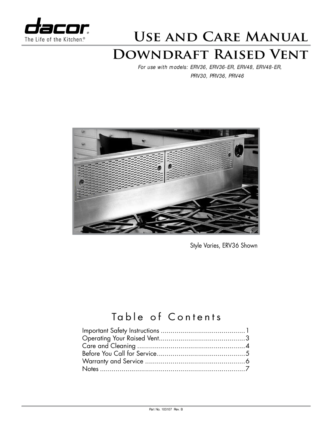 Dacor ERV36-ER important safety instructions USE and Care Manual Downdraft Raised Vent, Ta b l e o f C o n t e n t s 