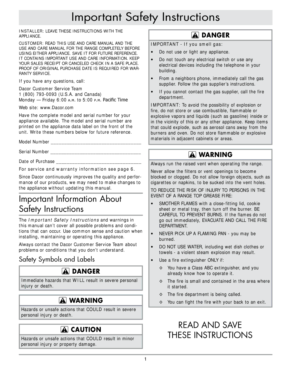 Dacor PRV46 Important Safety Instructions, Important Information About Safety Instructions, Safety Symbols and Labels 