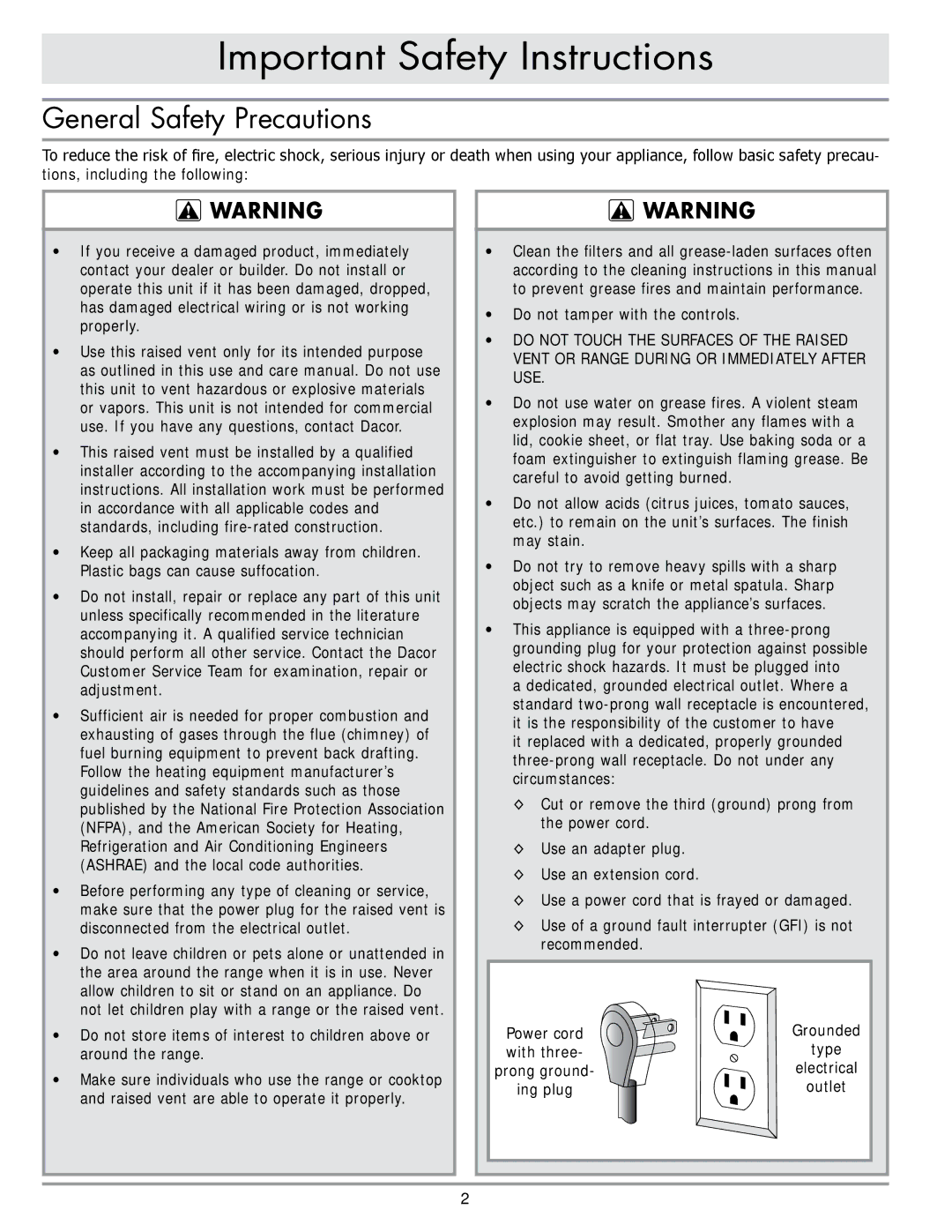 Dacor ERV36-ER, PRV36, PRV46, ERV48-ER important safety instructions General Safety Precautions 