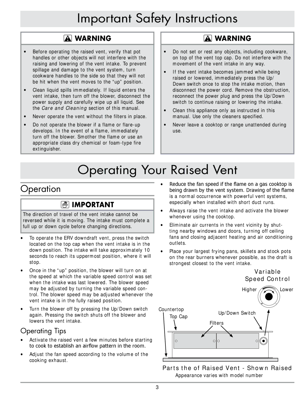 Dacor ERV48-ER, ERV36-ER, PRV36, PRV46 important safety instructions Operating Your Raised Vent, Operation, Operating Tips 