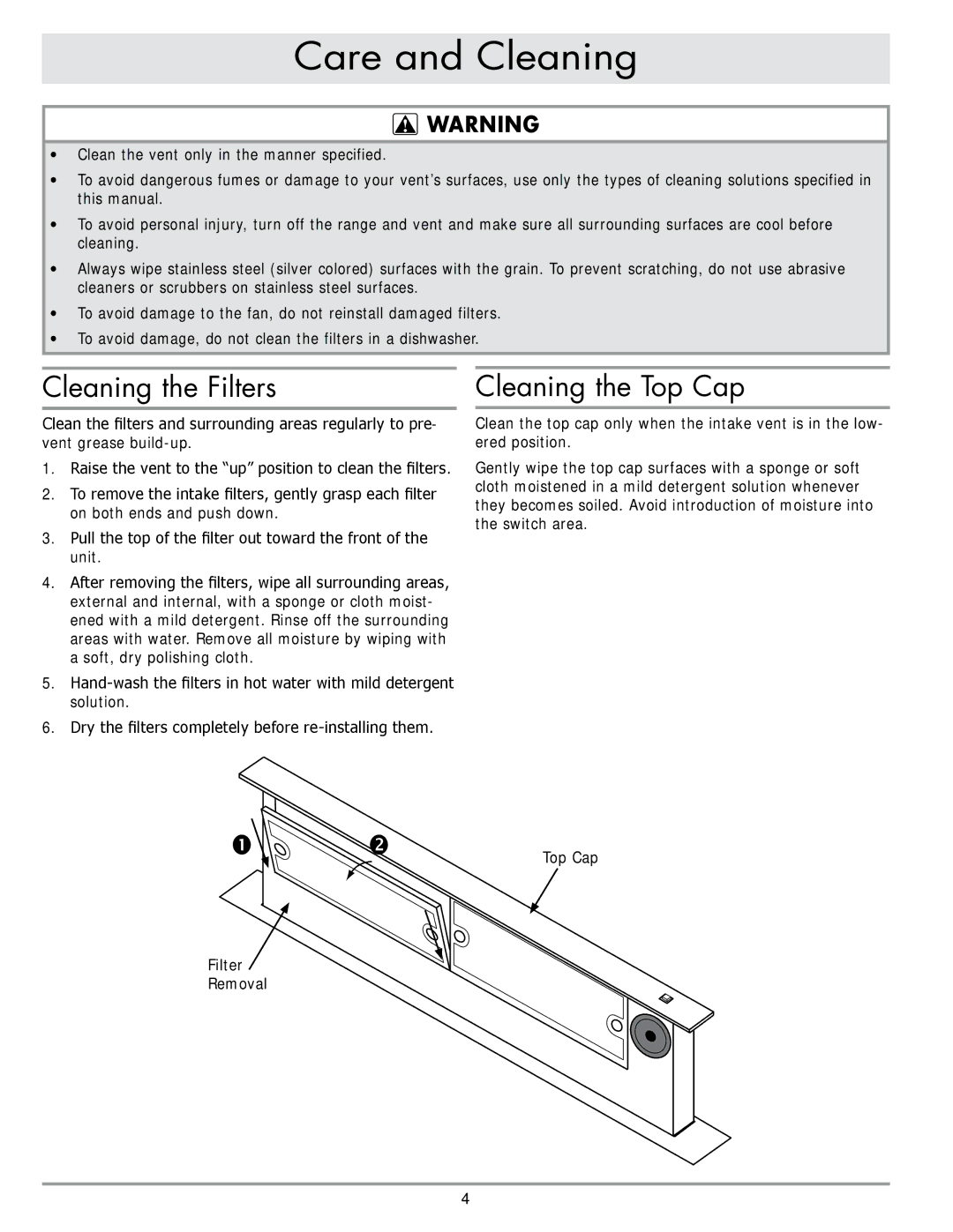 Dacor ERV36-ER, PRV36, PRV46, ERV48-ER Care and Cleaning, Cleaning the Filters, Cleaning the Top Cap 