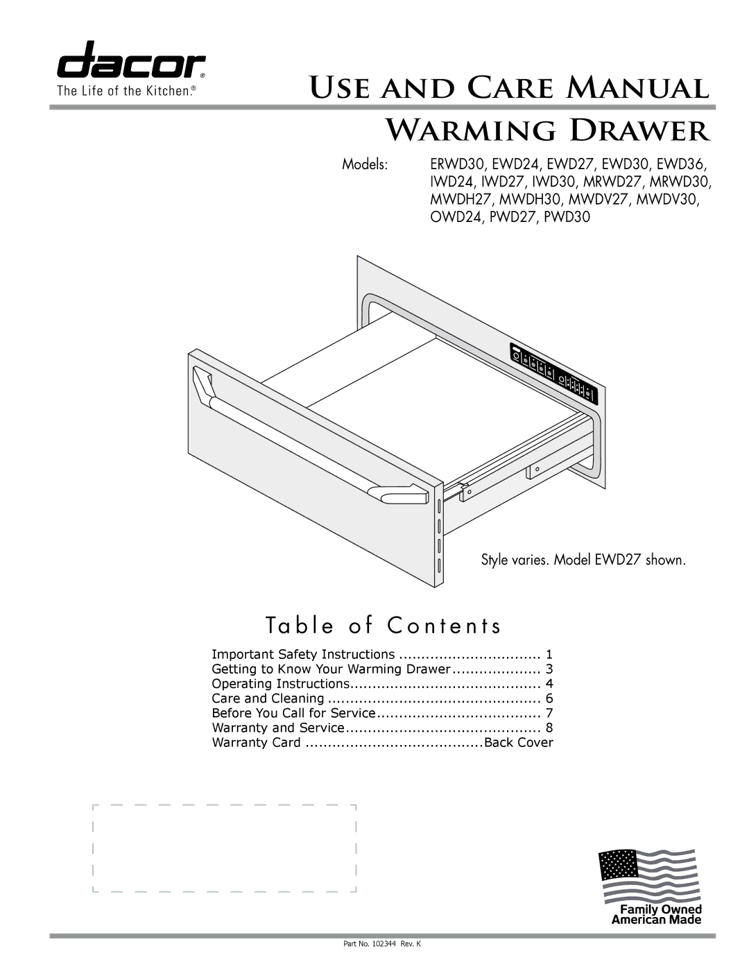 Dacor ERWD30 manual Ta b l e o f C o n t e n t s, Back Cover 