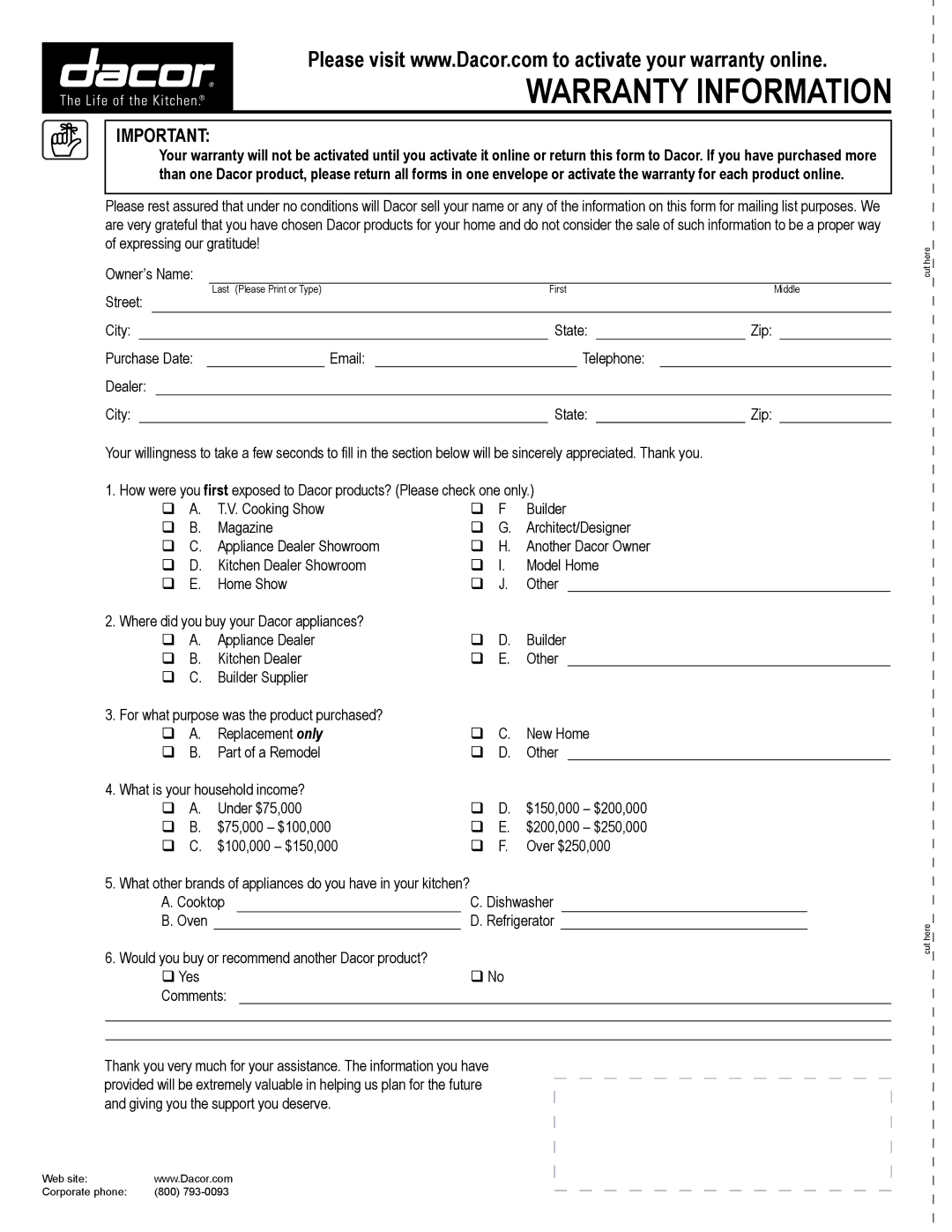 Dacor ERWD30 manual Warranty Information 