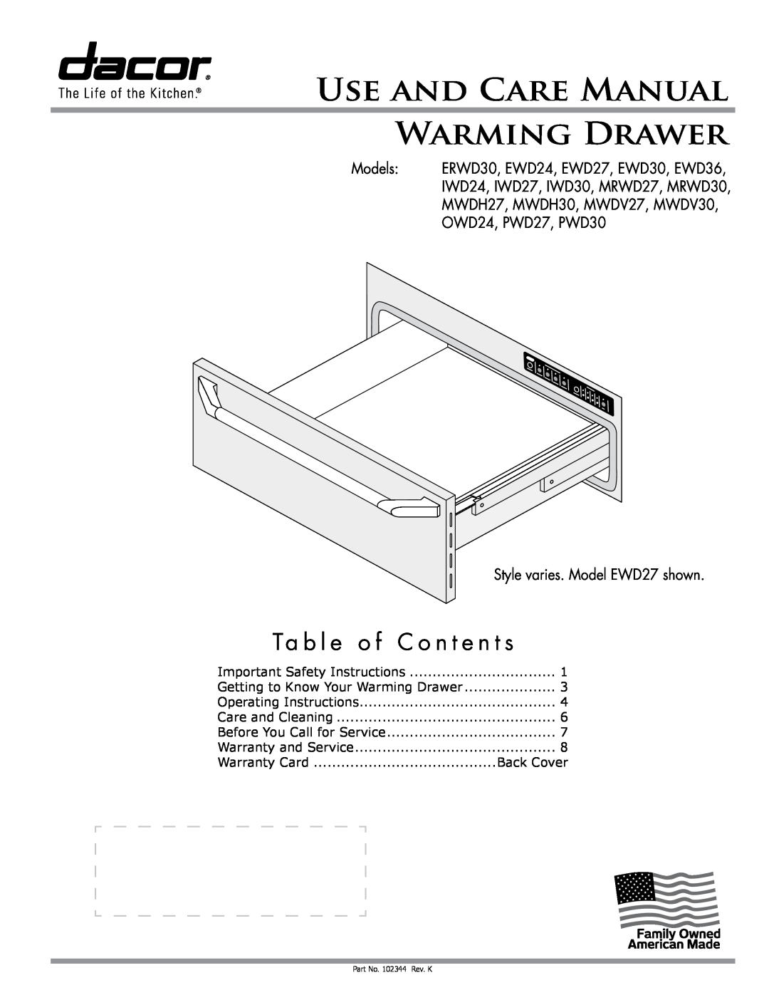 Dacor ERWD30 manual Use And Care Manual Warming Drawer, Models, MWDH27, MWDH30, MWDV27, MWDV30, OWD24, PWD27, PWD30 