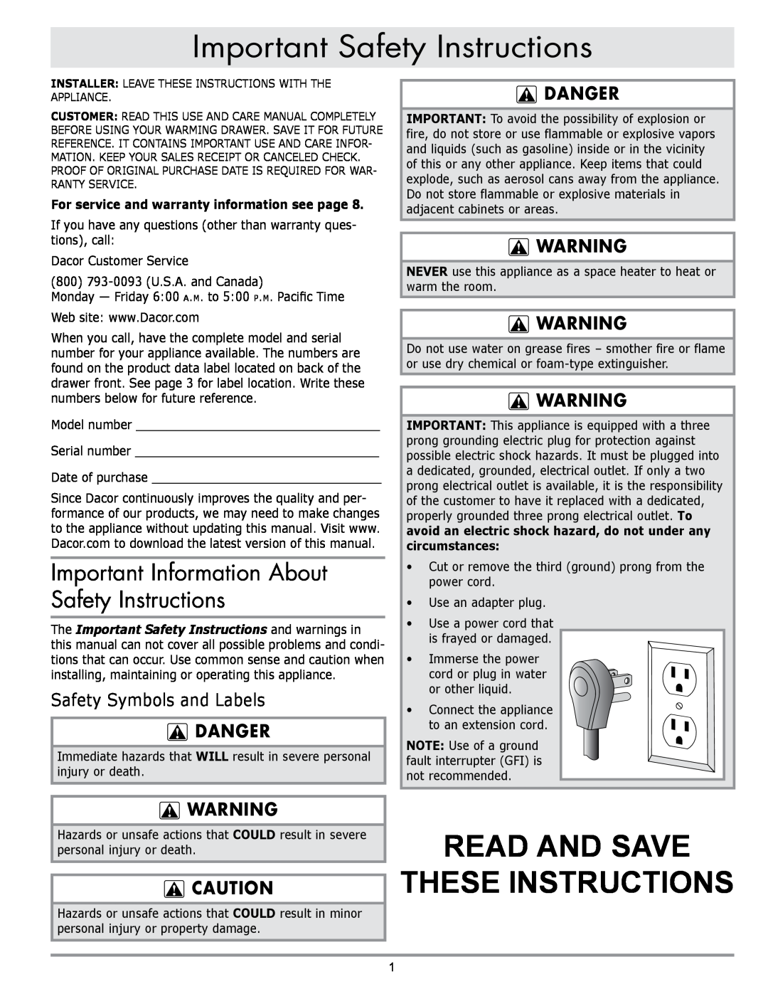 Dacor ERWD30 manual Important Safety Instructions, Read And Save These Instructions, Safety Symbols and Labels, danger 