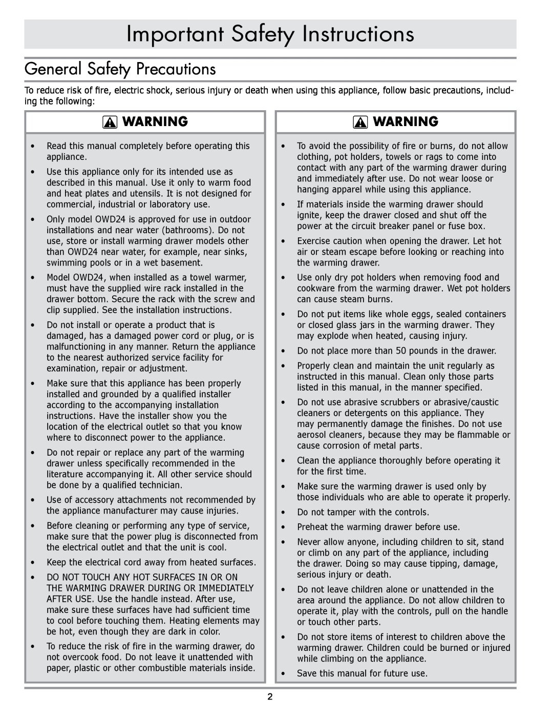 Dacor ERWD30 manual Important Safety Instructions, General Safety Precautions 
