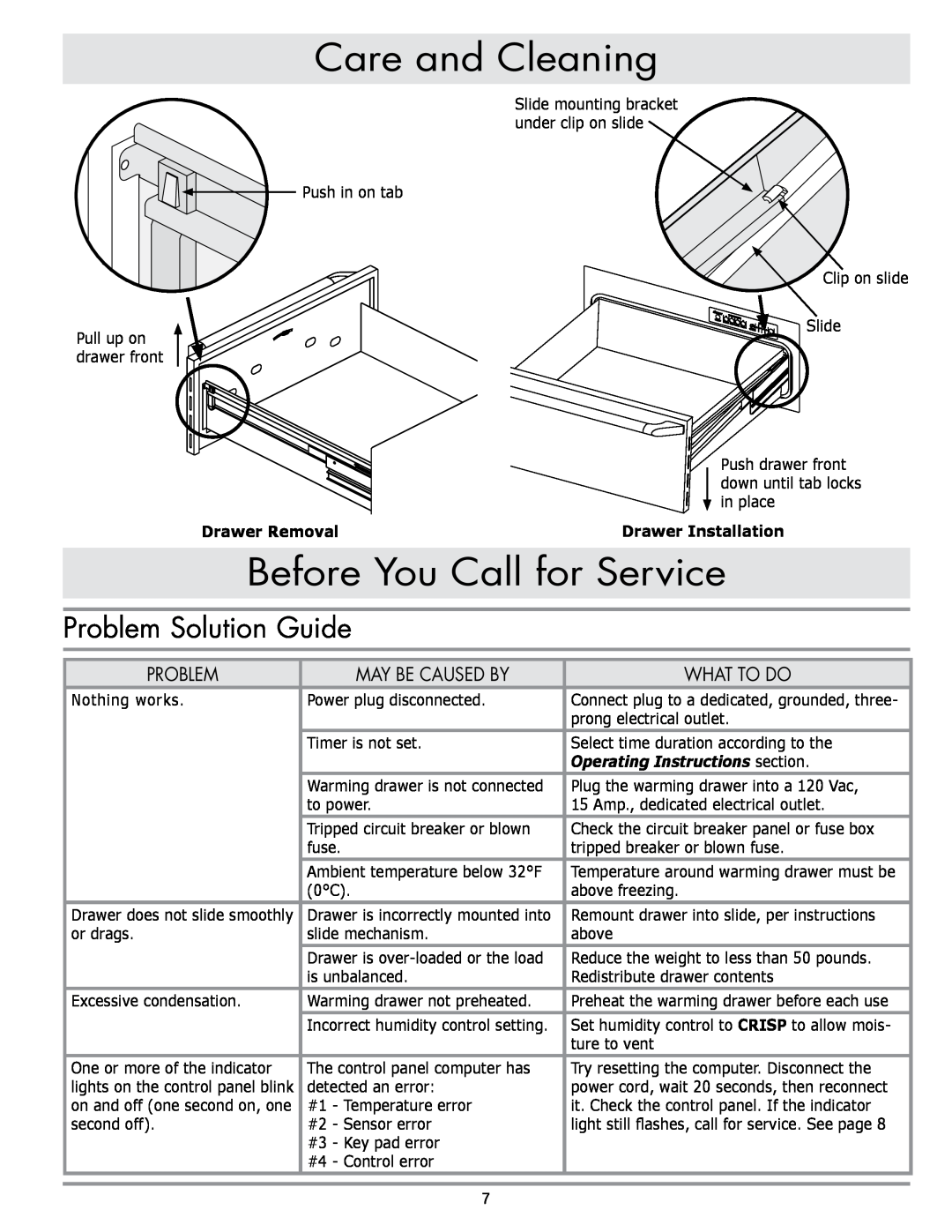 Dacor ERWD30 manual Before You Call for Service, Care and Cleaning, problem, may be caused by, what to DO, Drawer Removal 