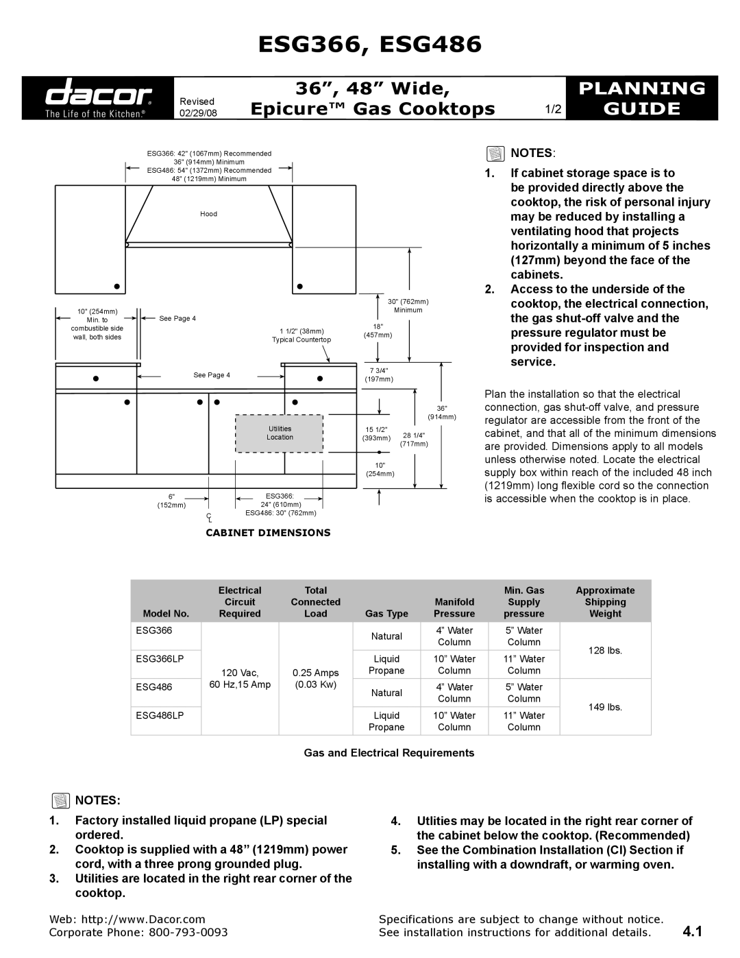 Dacor ESG486LP, ESG366LP specifications ESG366, ESG486, Planning, Guide, Cabinet dimensions 