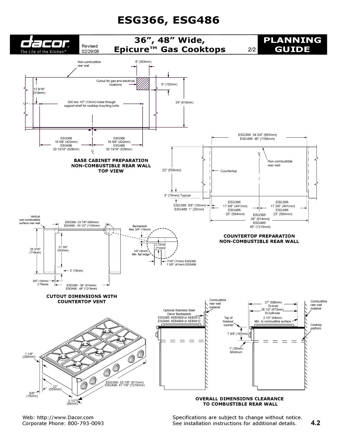 Dacor ESG366LP, ESG486LP Base Cabinet Preparation, Non-Combustible Rear Wall, Top View, Countertop Preparation 