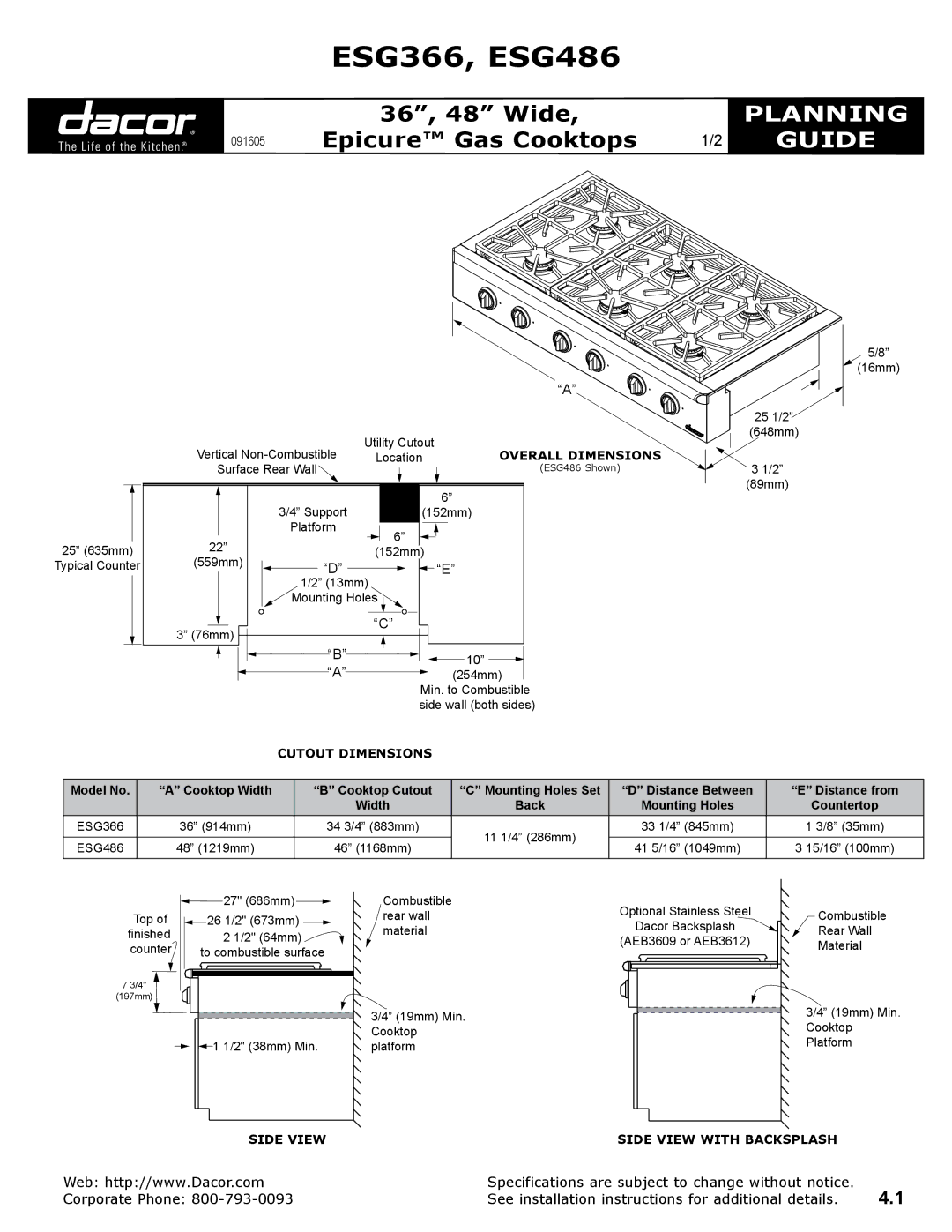 Dacor specifications ESG366, ESG486, Planning, Guide 