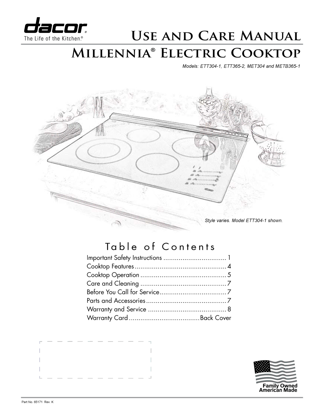 Dacor ETT304-1 manual USE and Care Manual Millennia Electric Cooktop, Ta b l e o f C o n t e n t s 