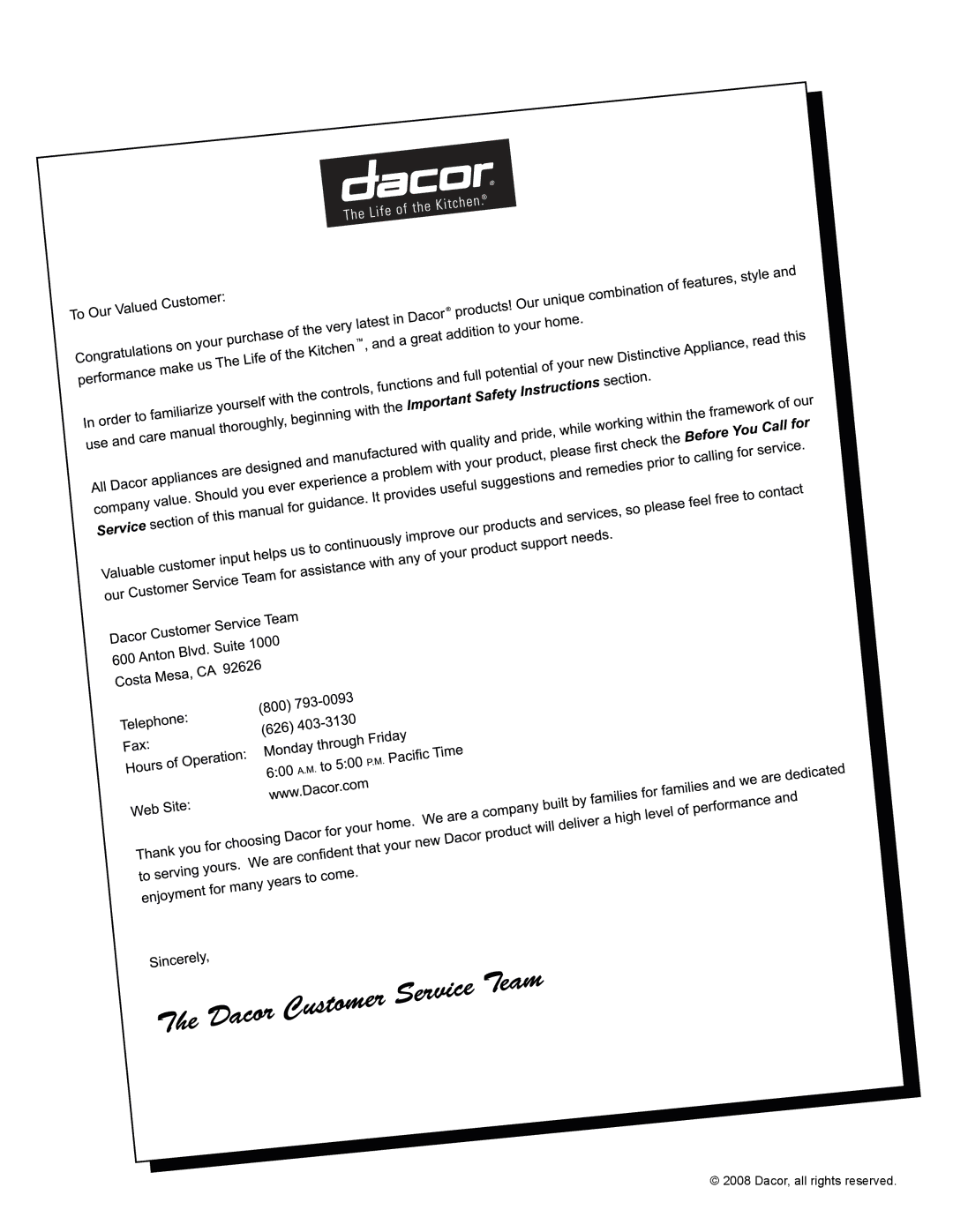 Dacor ETT304-1 manual Dacor, all rights reserved 