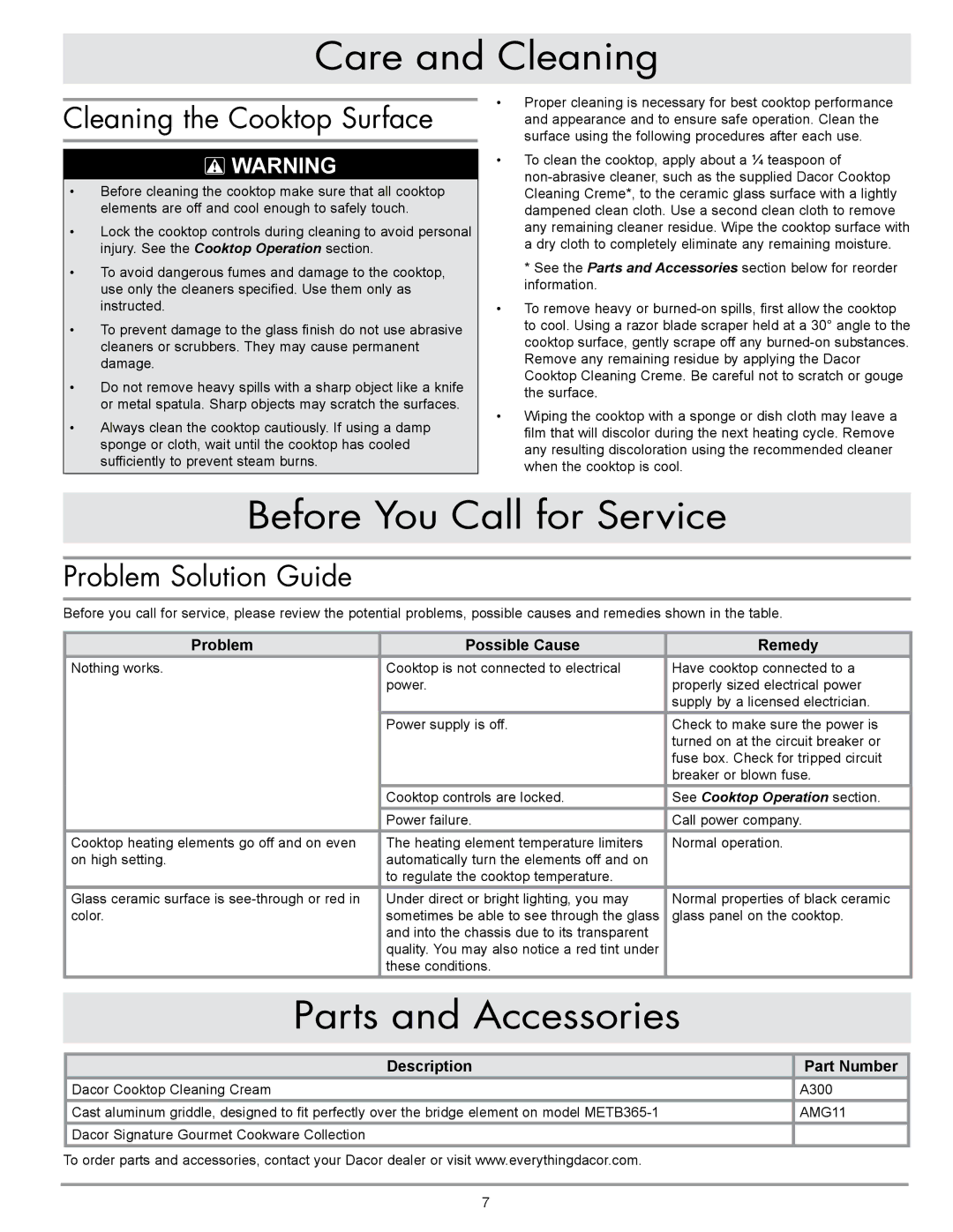 Dacor ETT304-1 manual Care and Cleaning, Before You Call for Service, Parts and Accessories, Cleaning the Cooktop Surface 