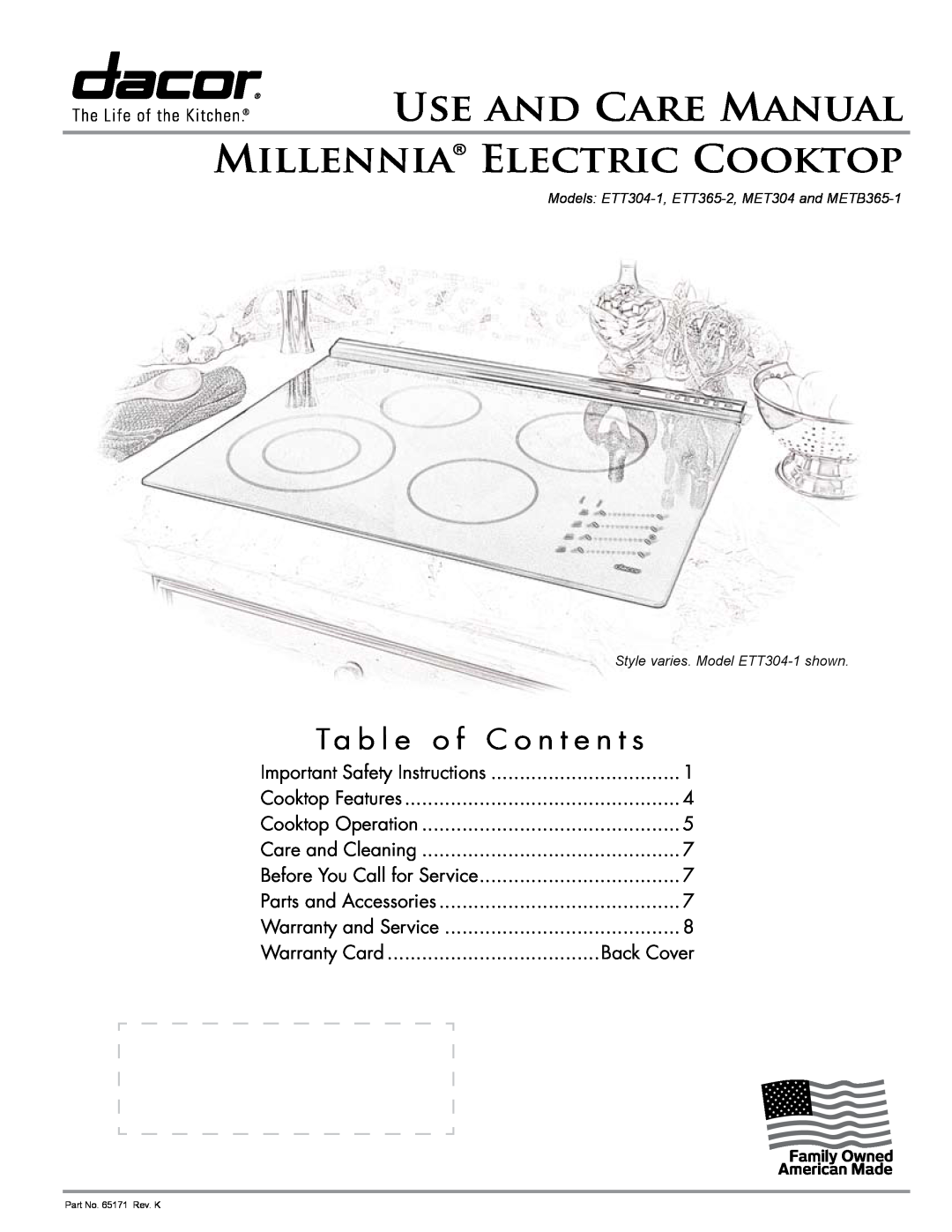 Dacor ETT304-1 manual Ta b l e o f C o n t e n t s, Use And Care Manual Millennia Electric Cooktop, Back Cover 