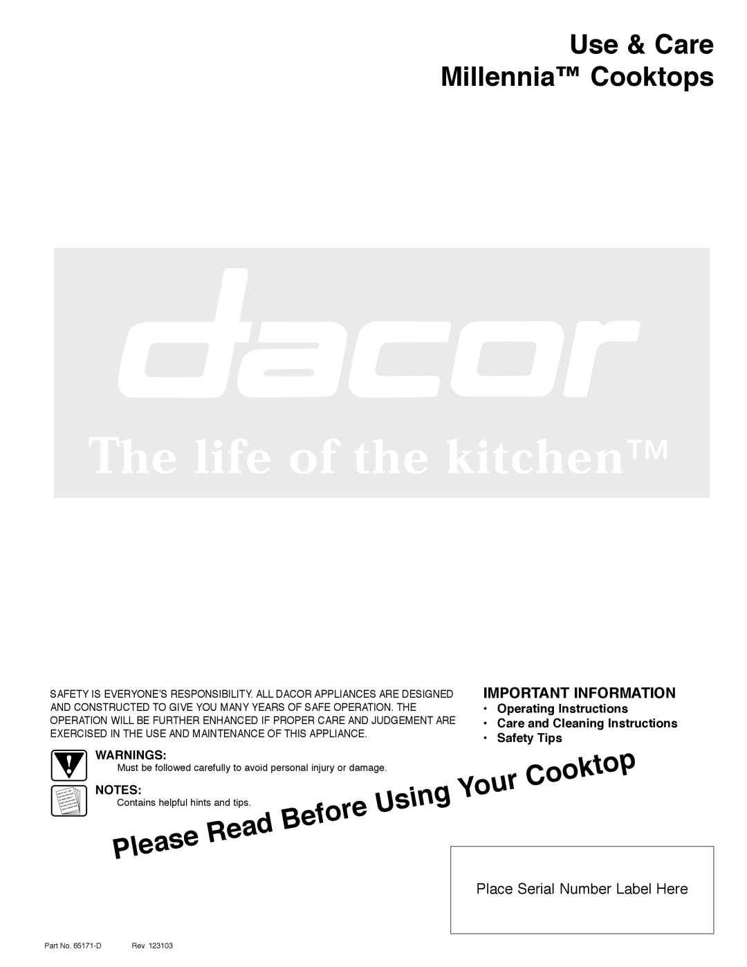 Dacor ETT304, ETT365, CERB365, CER304 manual Use & Care Millennia Cooktops 