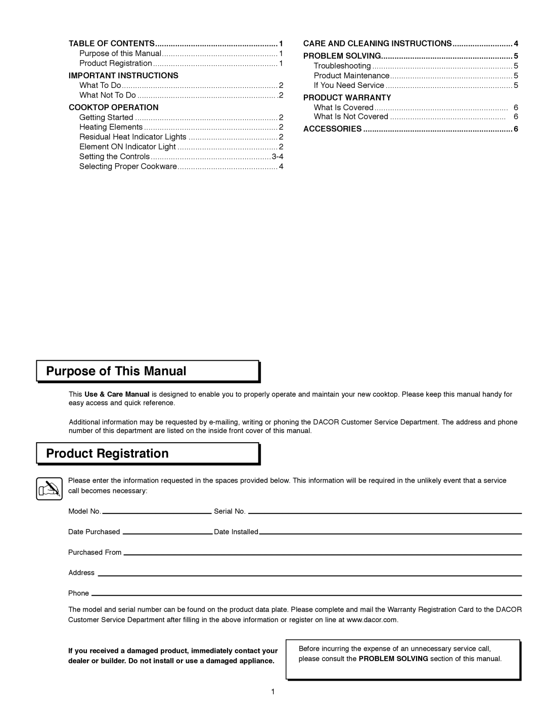 Dacor CER304, ETT365, ETT304, CERB365 manual Purpose of This Manual, Product Registration 