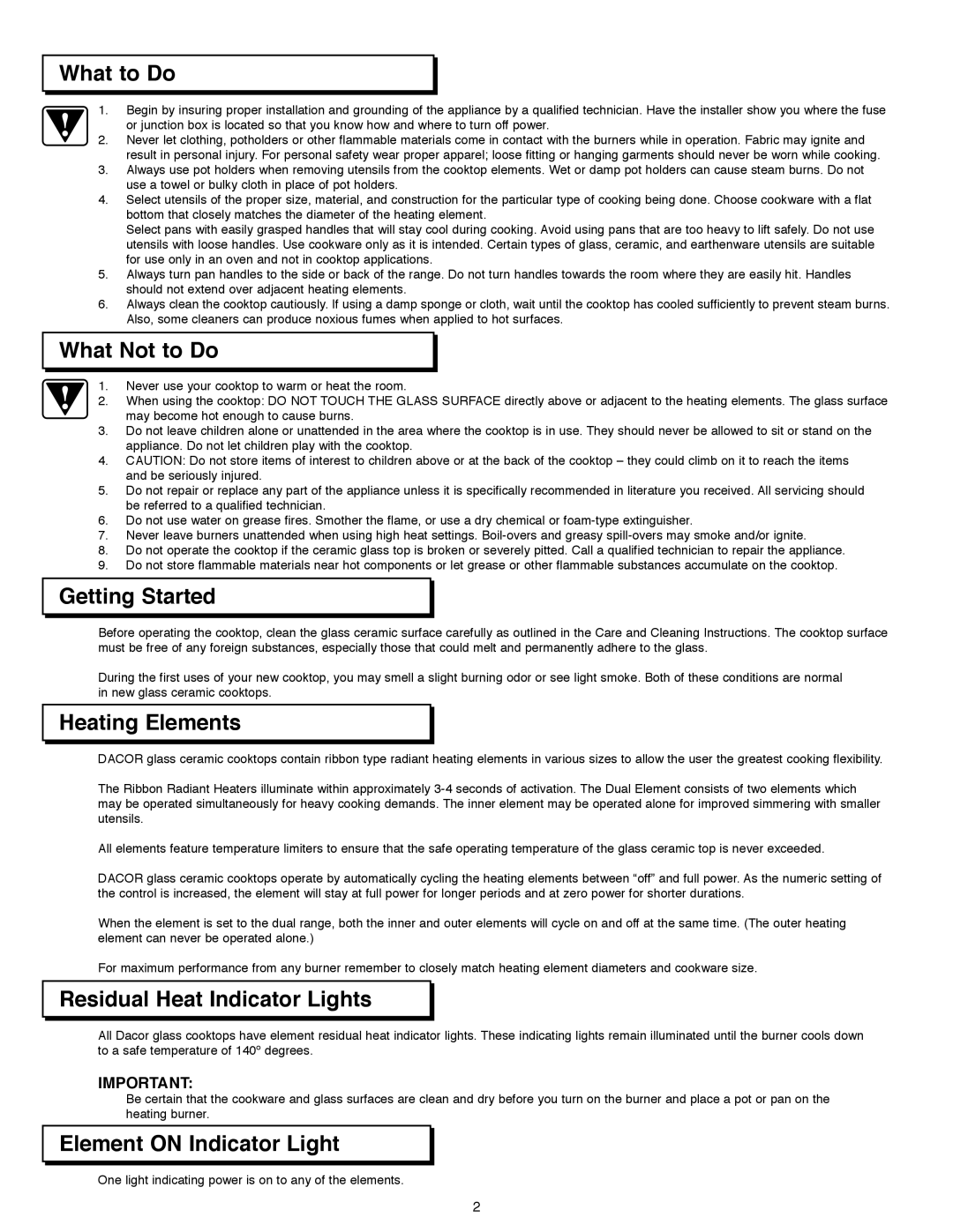 Dacor ETT365, ETT304, CERB365 What to Do, What Not to Do, Getting Started, Heating Elements, Residual Heat Indicator Lights 