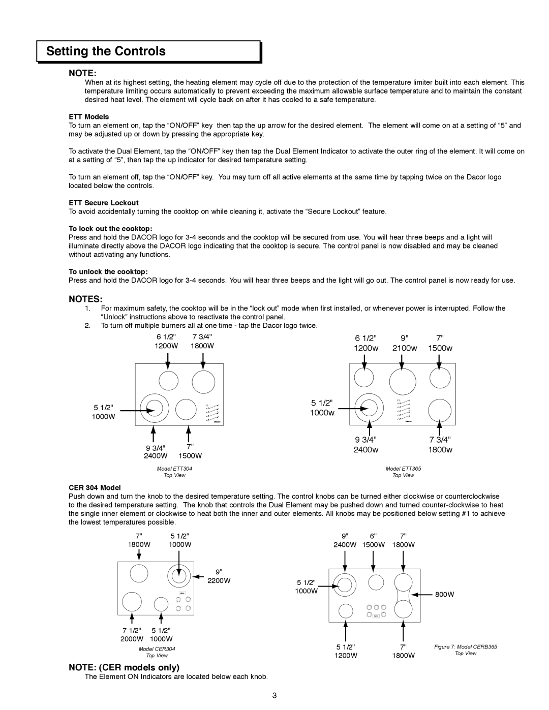 Dacor ETT304, ETT365, CERB365, CER304 manual Setting the Controls 