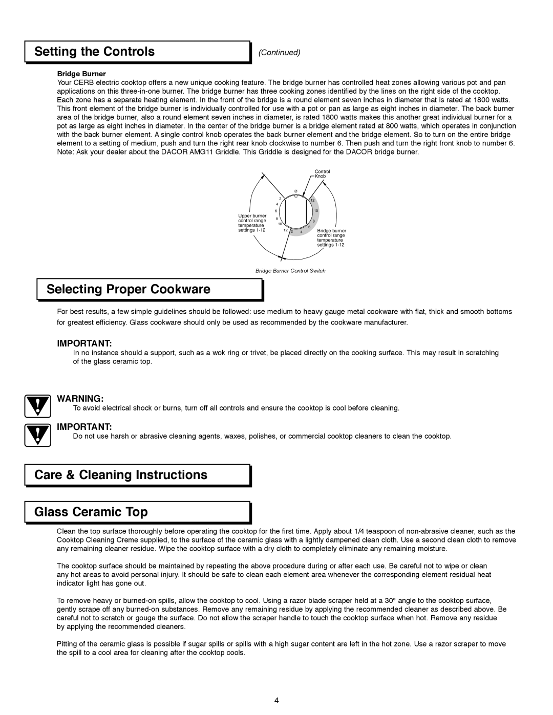 Dacor CERB365, ETT365, ETT304 manual Selecting Proper Cookware, Care & Cleaning Instructions Glass Ceramic Top, Bridge Burner 