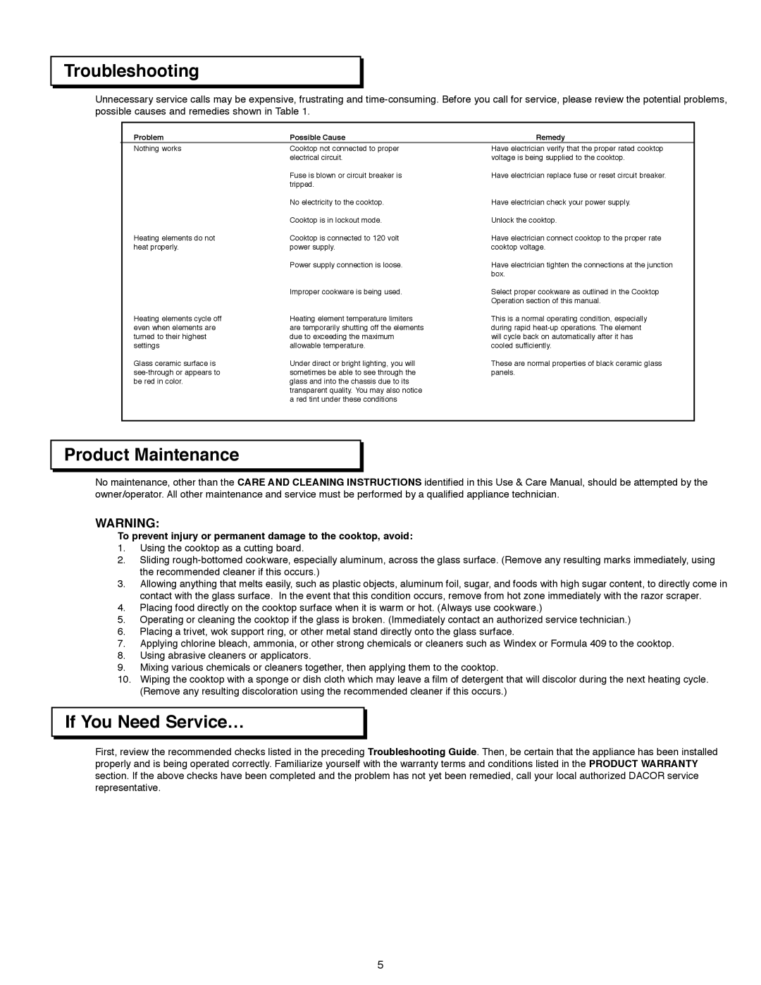 Dacor CER304, ETT365, ETT304, CERB365 manual Troubleshooting, Product Maintenance, If You Need Service… 