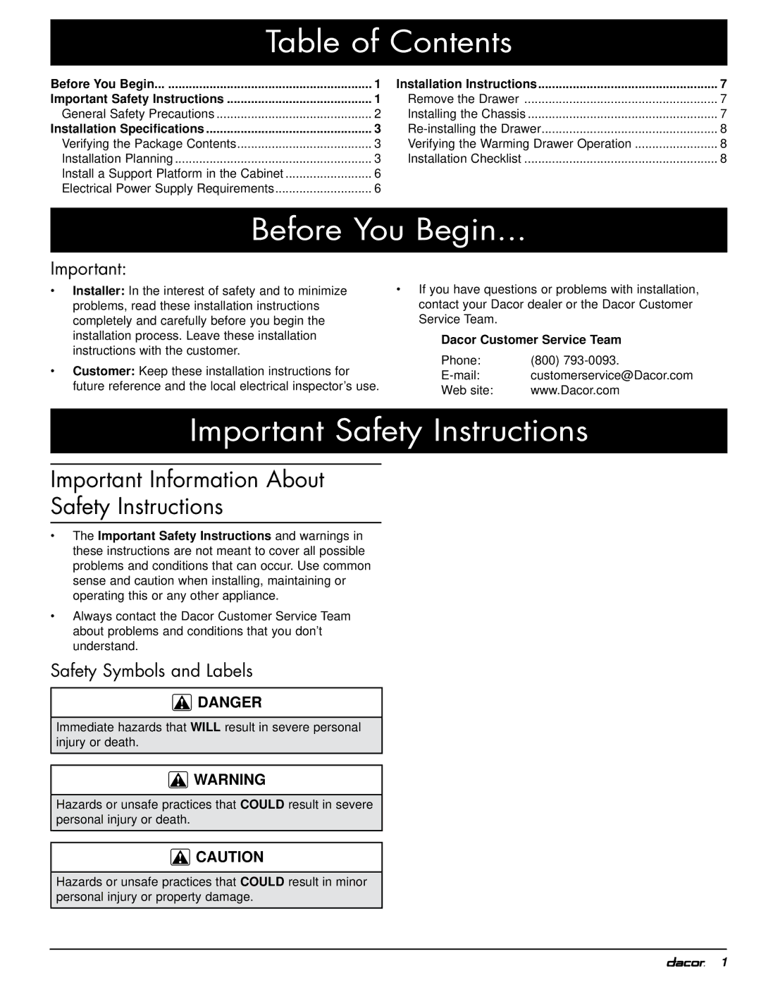 Dacor MWDH30, EWD30, MWDV30, MWDH27, EWD36, MWDV27, EWD27 Table of Contents, Before You Begin, Important Safety Instructions 