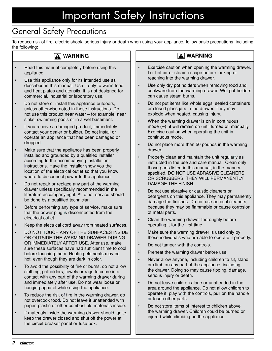 Dacor EWD36, EWD30, MWDV30, MWDH27, MWDH30, MWDV27, EWD27, EWD24, IWD24, IWD27, IWD30 General Safety Precautions 