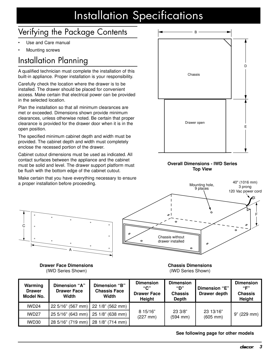 Dacor MWDV27, EWD30, MWDV30, MWDH27, EWD36 Installation Specifications, Verifying the Package Contents, Installation Planning 