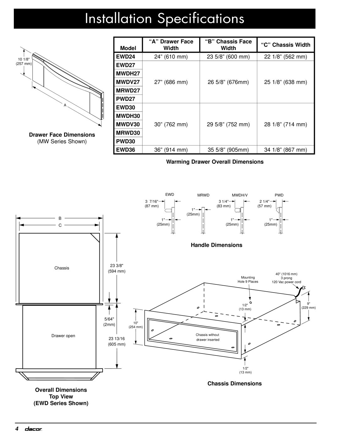 Dacor EWD27 Drawer Face Dimensions, Drawer Face Chassis Face Chassis Width Model, 24 610 mm 23 5/8 600 mm 22 1/8 562 mm 