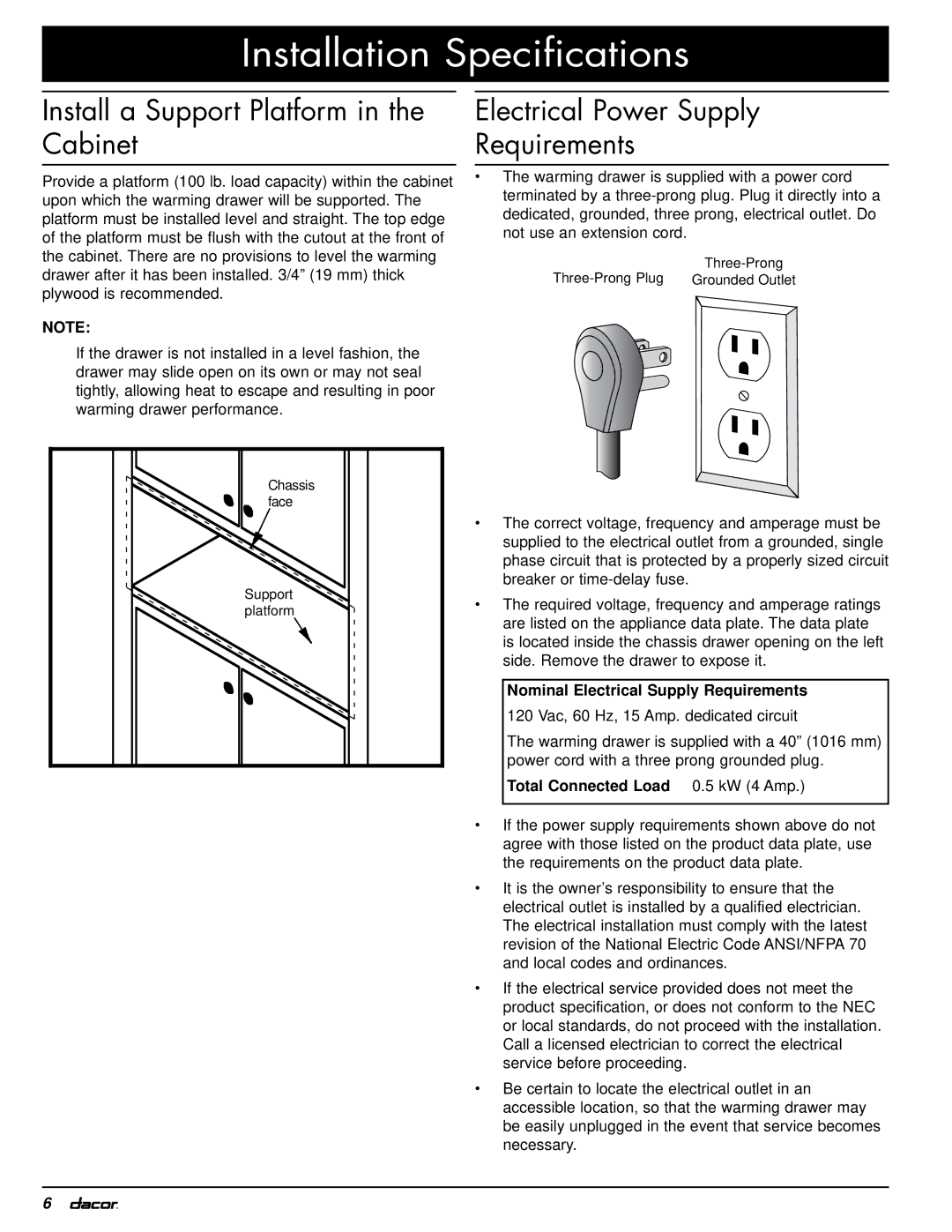 Dacor IWD24, EWD30, MWDV30, MWDH27, MWDH30 Install a Support Platform in the Cabinet, Electrical Power Supply Requirements 