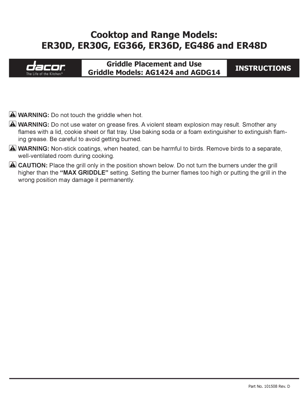 Dacor EG486 and ER48D, GDG14, AG1424 manual Instructions 