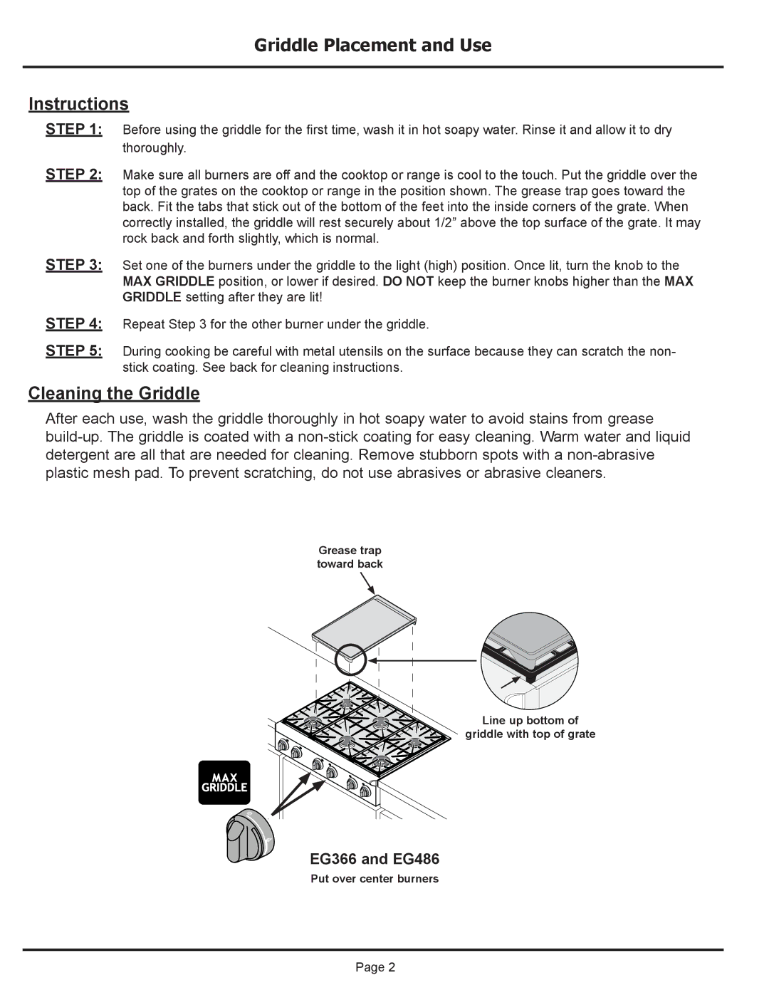 Dacor AG1424, GDG14, EG486 and ER48D manual Griddle Placement and Use 